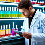 **Prompt:** A futuristic lab filled with glowing vials of colorful liquids, representing genetically engineered bacteria producing insulin. Include a scientist in a lab coat observing the process with a tablet displaying complex data. Golden ratio composition.