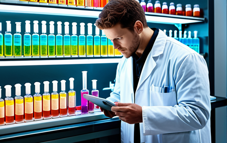 **Prompt:** A futuristic lab filled with glowing vials of colorful liquids, representing genetically engineered bacteria producing insulin. Include a scientist in a lab coat observing the process with a tablet displaying complex data. Golden ratio composition.