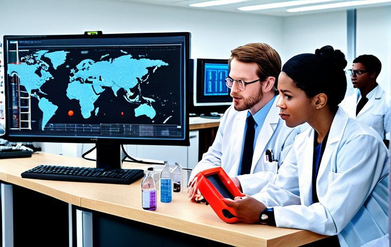 **
A diverse group of scientists collaborating in a modern lab filled with advanced biotechnology equipment. Data visualizations and AI interfaces highlight their work. The focus is on synthetic biology research, with elements representing government grants, private funding, and venture capital. A sense of optimistic innovation and global impact.
**