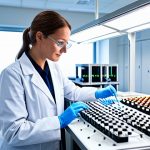 A professional scientist in a clean white lab coat over modest professional attire, standing in a brightly lit, modern biological research laboratory. The scientist is meticulously pipetting samples into a microplate, with advanced genetic sequencing machines and glowing bioreactors visible in the background. The setting emphasizes precision and innovation. Perfect anatomy, correct proportions, well-formed hands, natural body proportions, natural pose, fully clothed, appropriate attire, professional dress, safe for work, appropriate content, professional, family-friendly, high quality, detailed, realistic photography.