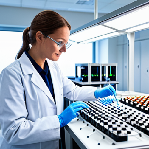 Home 20 A professional scientist in a clean white lab coat over modest professional attire, standing in a brightly lit, modern biological research laboratory. The scientist is meticulously pipetting samples into a microplate, with advanced genetic sequencing machines and glowing bioreactors visible in the background. The setting emphasizes precision and innovation. Perfect anatomy, correct proportions, well-formed hands, natural body proportions, natural pose, fully clothed, appropriate attire, professional dress, safe for work, appropriate content, professional, family-friendly, high quality, detailed, realistic photography.