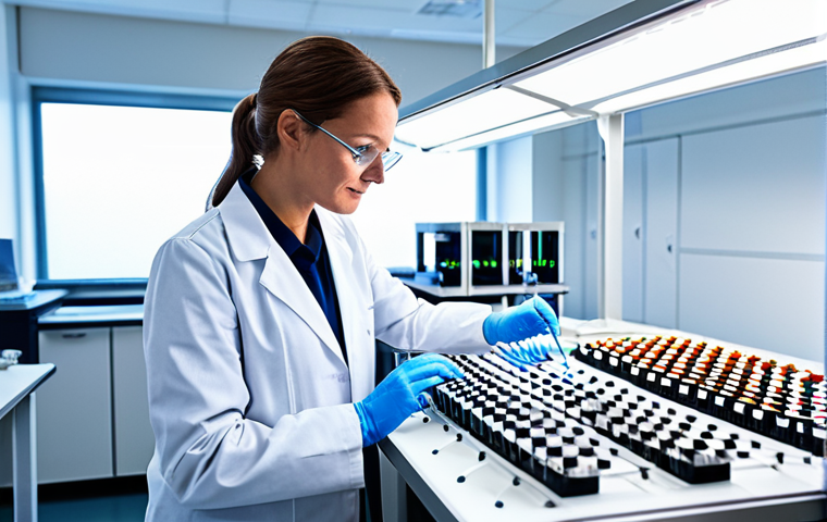 A professional scientist in a clean white lab coat over modest professional attire, standing in a brightly lit, modern biological research laboratory. The scientist is meticulously pipetting samples into a microplate, with advanced genetic sequencing machines and glowing bioreactors visible in the background. The setting emphasizes precision and innovation. Perfect anatomy, correct proportions, well-formed hands, natural body proportions, natural pose, fully clothed, appropriate attire, professional dress, safe for work, appropriate content, professional, family-friendly, high quality, detailed, realistic photography.