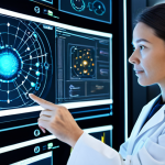 A focused professional scientist, fully clothed in a clean lab coat and modest professional attire, working at an advanced holographic interface in a futuristic synthetic biology laboratory. The interface displays complex DNA helixes, molecular structures, and flowing data streams, symbolizing AI's crucial role in biological design and accelerated discoveries. The background features sophisticated lab equipment and glowing scientific visualizations, emphasizing innovation and cutting-edge research. perfect anatomy, correct proportions, natural pose, well-formed hands, proper finger count, natural body proportions, professional photography, high quality, safe for work, appropriate content, family-friendly.