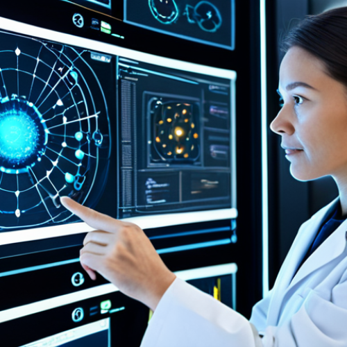 Home 9 A focused professional scientist, fully clothed in a clean lab coat and modest professional attire, working at an advanced holographic interface in a futuristic synthetic biology laboratory. The interface displays complex DNA helixes, molecular structures, and flowing data streams, symbolizing AI's crucial role in biological design and accelerated discoveries. The background features sophisticated lab equipment and glowing scientific visualizations, emphasizing innovation and cutting-edge research. perfect anatomy, correct proportions, natural pose, well-formed hands, proper finger count, natural body proportions, professional photography, high quality, safe for work, appropriate content, family-friendly.
