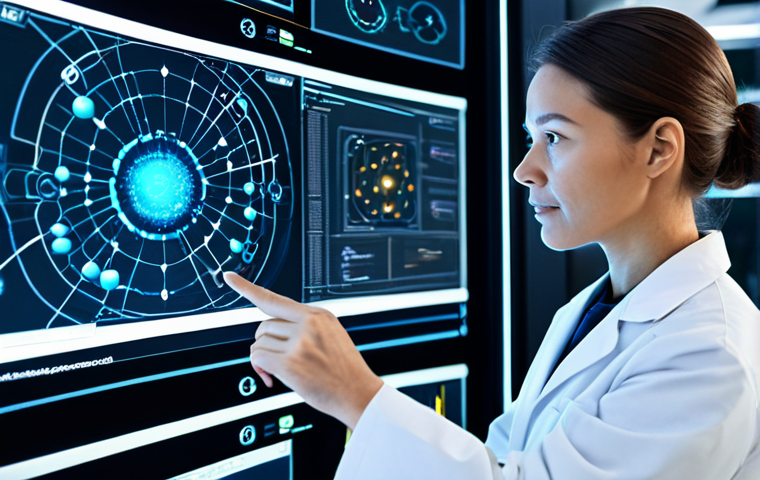 A focused professional scientist, fully clothed in a clean lab coat and modest professional attire, working at an advanced holographic interface in a futuristic synthetic biology laboratory. The interface displays complex DNA helixes, molecular structures, and flowing data streams, symbolizing AI's crucial role in biological design and accelerated discoveries. The background features sophisticated lab equipment and glowing scientific visualizations, emphasizing innovation and cutting-edge research. perfect anatomy, correct proportions, natural pose, well-formed hands, proper finger count, natural body proportions, professional photography, high quality, safe for work, appropriate content, family-friendly.