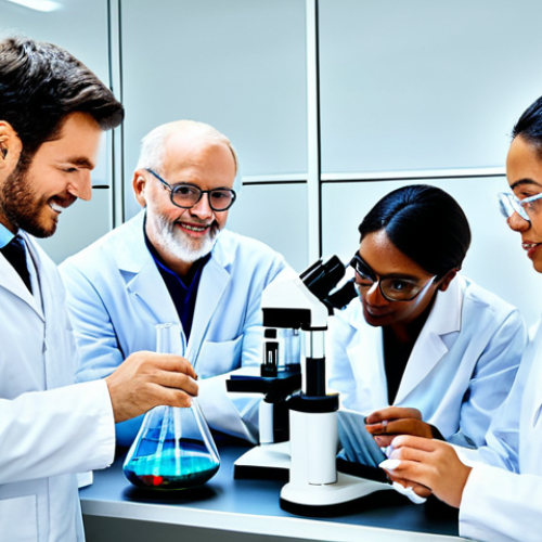 Home 6 합성생물학의 사회적 책임과 의무 - Research & Development Investment**
"A diverse team of scientists in a brightly lit, modern laborat...