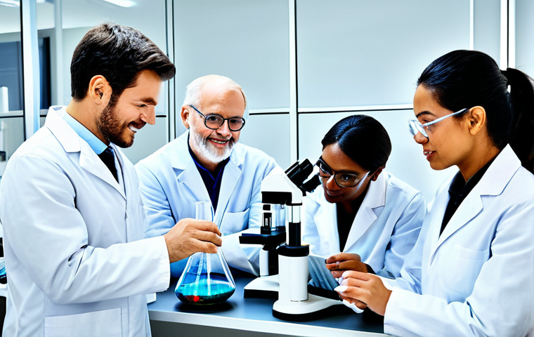 합성생물학의 사회적 책임과 의무 - Research & Development Investment**
"A diverse team of scientists in a brightly lit, modern laborat...