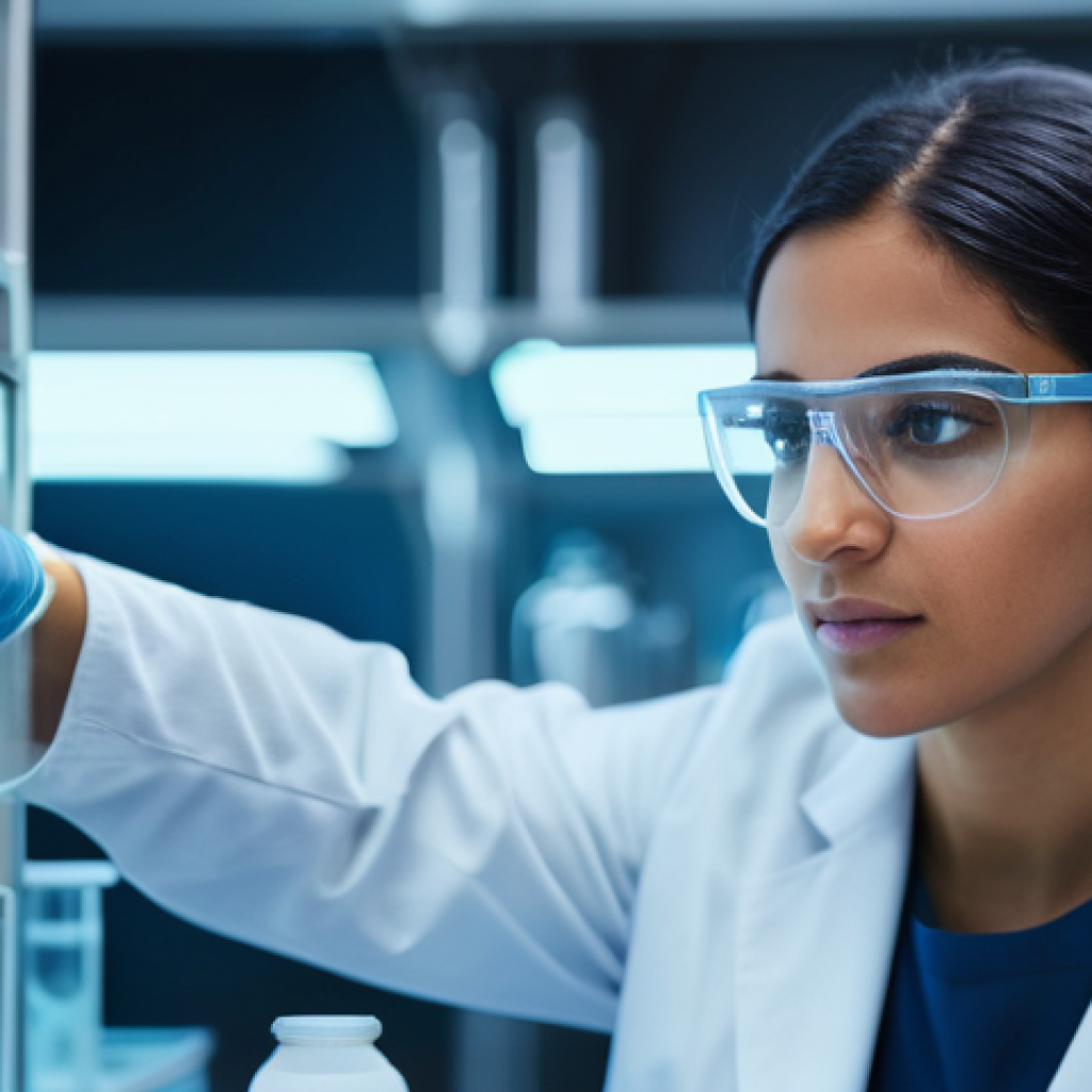 합성생물학 연구의 기초 실험 기술 - **A Focused Biotechnologist in a Synthetic Biology Lab:** A young, determined Arab female scientist,...
