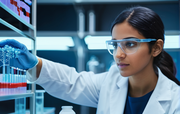 합성생물학 연구의 기초 실험 기술 - **A Focused Biotechnologist in a Synthetic Biology Lab:** A young, determined Arab female scientist,...