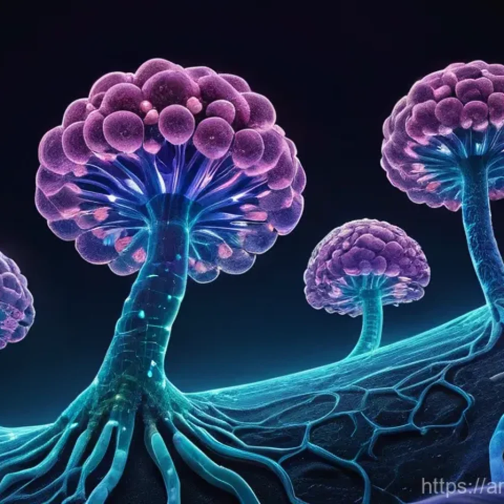 합성생물학과 나노기술의 융합 - **Prompt:** A highly detailed, microscopic view of advanced bionanomachines, comprised of both biolo...