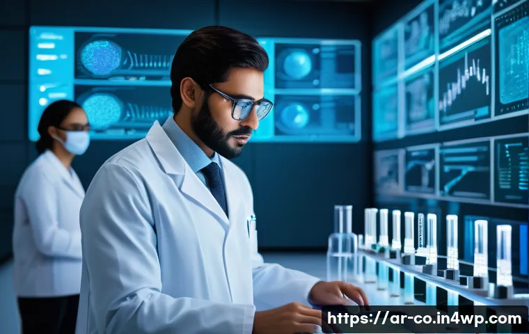 합성생물학의 창의적 문제 해결 기법 - A futuristic biotechnology laboratory scene set in an advanced research center in an Arabic-speaking...