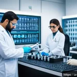 Home 21 합성생물학의 연구자 양성 프로그램 - A modern synthetic biology laboratory scene featuring Arab researchers wearing professional lab coat...