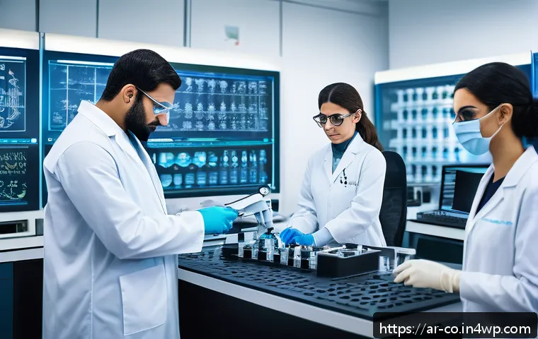 합성생물학의 연구자 양성 프로그램 - A modern synthetic biology laboratory scene featuring Arab researchers wearing professional lab coat...