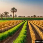 Home 20 합성생물학의 다양한 적용 가능성 탐색 - An agricultural landscape in a Middle Eastern region during golden hour, featuring genetically modif...