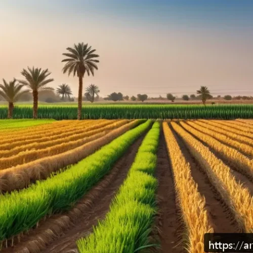 Home 32 합성생물학의 다양한 적용 가능성 탐색 - An agricultural landscape in a Middle Eastern region during golden hour, featuring genetically modif...