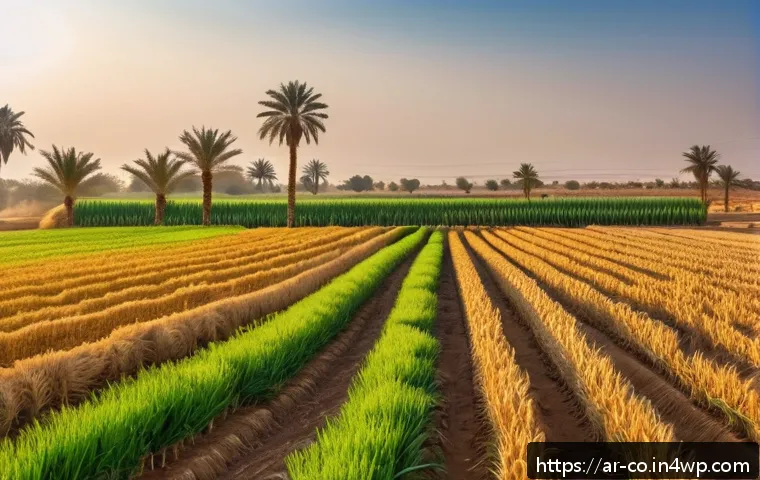 합성생물학의 다양한 적용 가능성 탐색 - An agricultural landscape in a Middle Eastern region during golden hour, featuring genetically modif...
