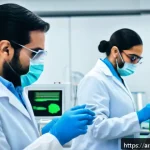 Home 18 합성생물학의 산업적 추진 배경 - A high-tech biotechnology industrial facility in the Middle East, showing scientists in lab coats an...