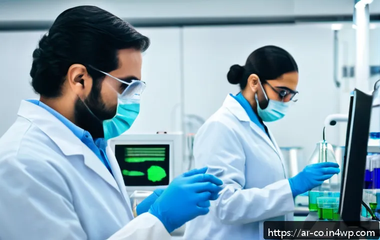 합성생물학의 산업적 추진 배경 - A high-tech biotechnology industrial facility in the Middle East, showing scientists in lab coats an...