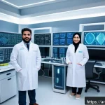 Home 17 합성생물학 연구에서의 기획 및 전략 - A modern genetics research laboratory in an Arabic cultural setting, featuring a diverse team of Mid...