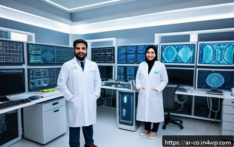 합성생물학 연구에서의 기획 및 전략 - A modern genetics research laboratory in an Arabic cultural setting, featuring a diverse team of Mid...