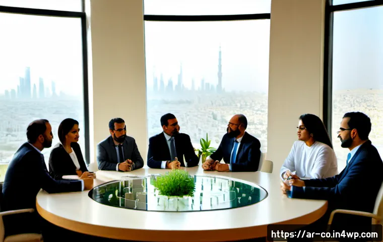 합성생물학의 정책적 지원 방안 탐색 - Photorealistic policy roundtable in a contemporary Gulf Arab government innovation center, diverse A...